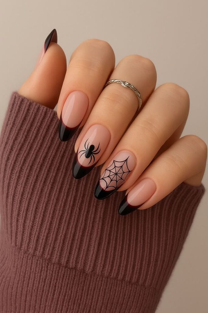 Subtle-and-cute-spider-nails-featuring-classic-black-French-tip-manicures-paired-with-fine-black-cobweb-and-spider-accent-art-on-a-nude-base.