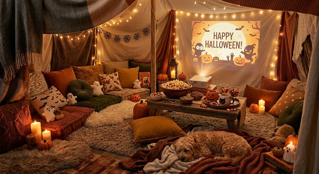 cozy-indoor-blanket-fort-halloween-movie-night-setup-with-projector-fairy-lights-and-pillows