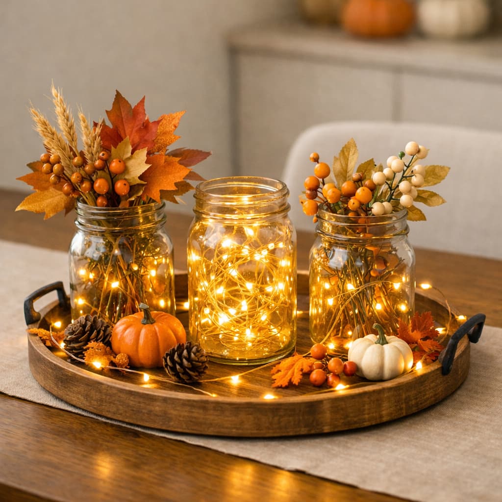 fall-table-centerpiece-with-mason-jars-fairy-lights-mini-pumpkins-and-autumn-leaves-on-wooden-tray
