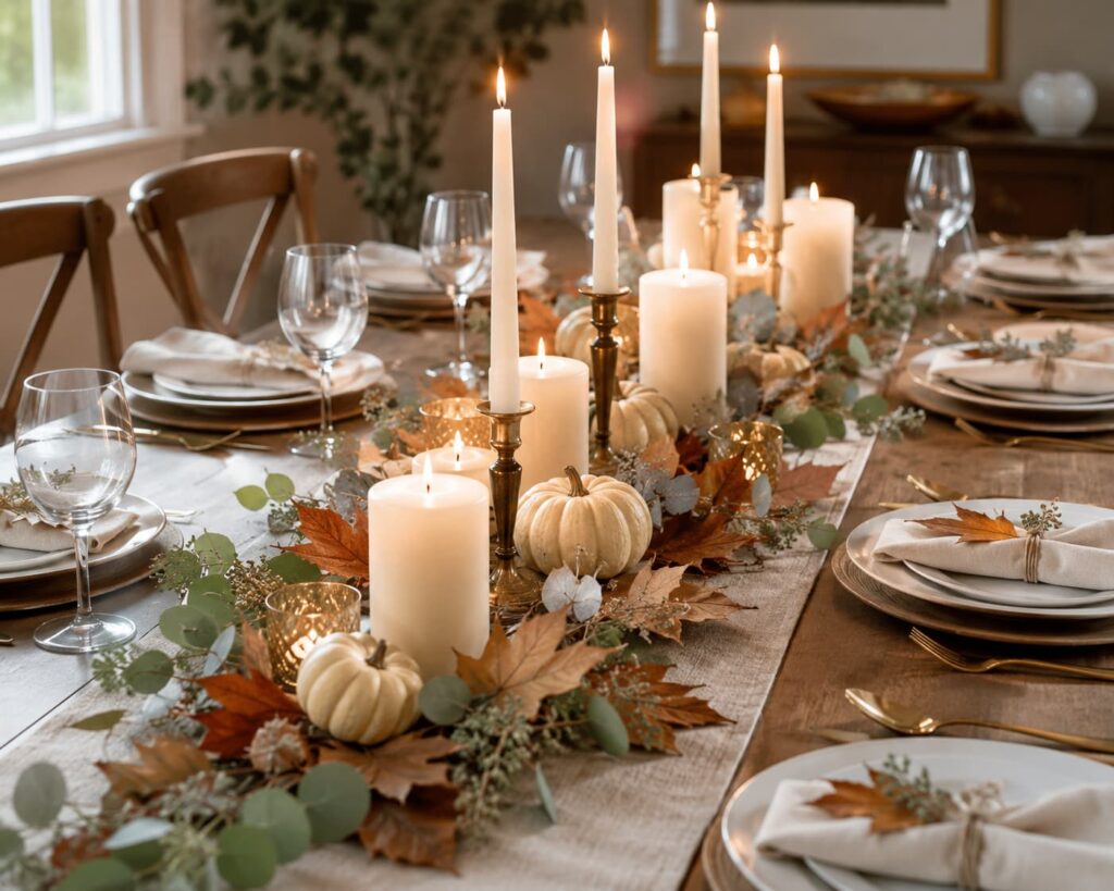 elegant-fall-table-runner-with-candles-pumpkins-eucalyptus-and-autumn-leaves-tablescape