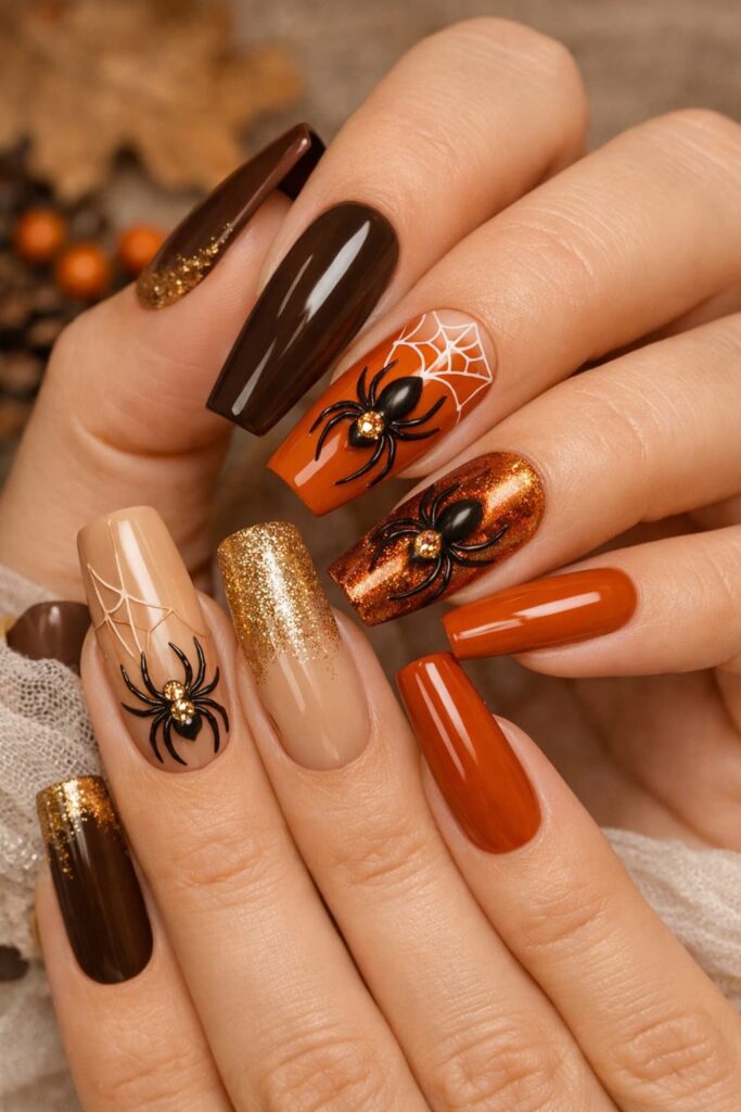 Warm-fall-black-design-nail-art-featuring-deep-brown-polish,-burnt-orange-base-coats,-gold-glitter-ombre-tips,-fine-spiderweb-linework,.