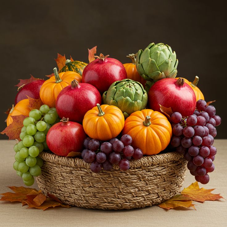 A-bountiful-fruit-&-harvest-centerpiece-featuring-grapes,-pomegranates,-artichokes,-and-mini-pumpkins-arranged-in-a-round-woven-basket,-sitting-on-a-neutral-fabric-tablecloth-with-scattered-leaves.