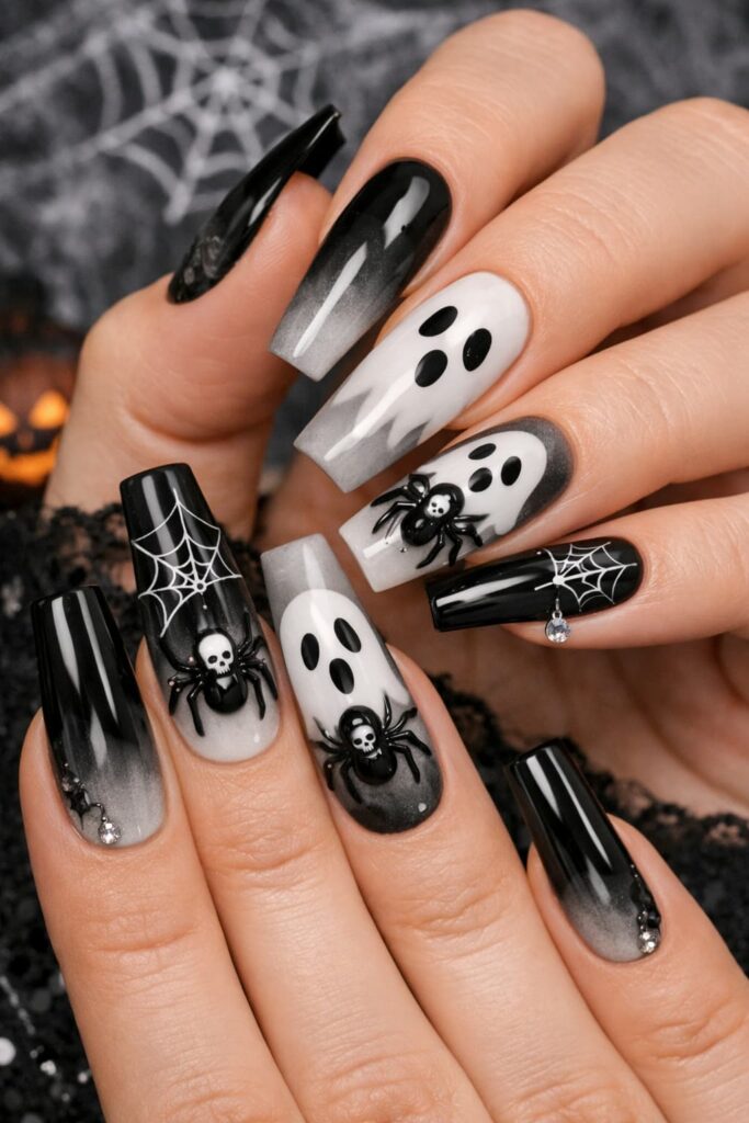 Spooky-Halloween-black-spider-nails-displaying-ombre-black-to-clear-polish,-white-ghost-faces,-cobweb-linework,-and-3D-black-spiders-topped-with-mini-skulls.