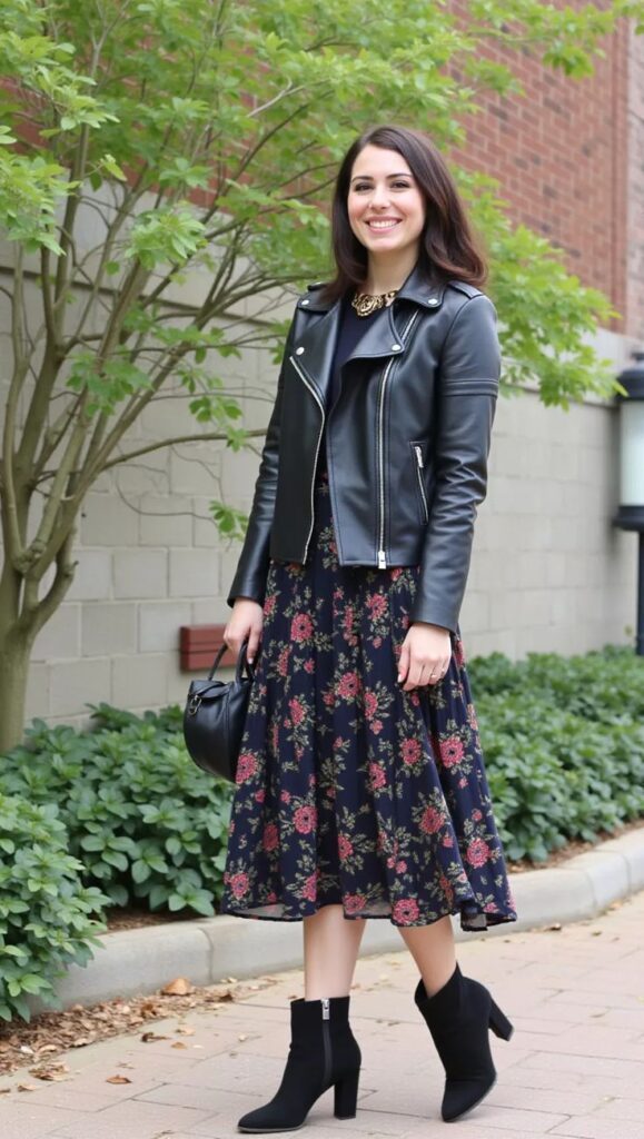 woman-wearing-a-black-leather-biker-jacket-over-a-dark-floral-midi-dress-with-black-heeled-ankle-boots