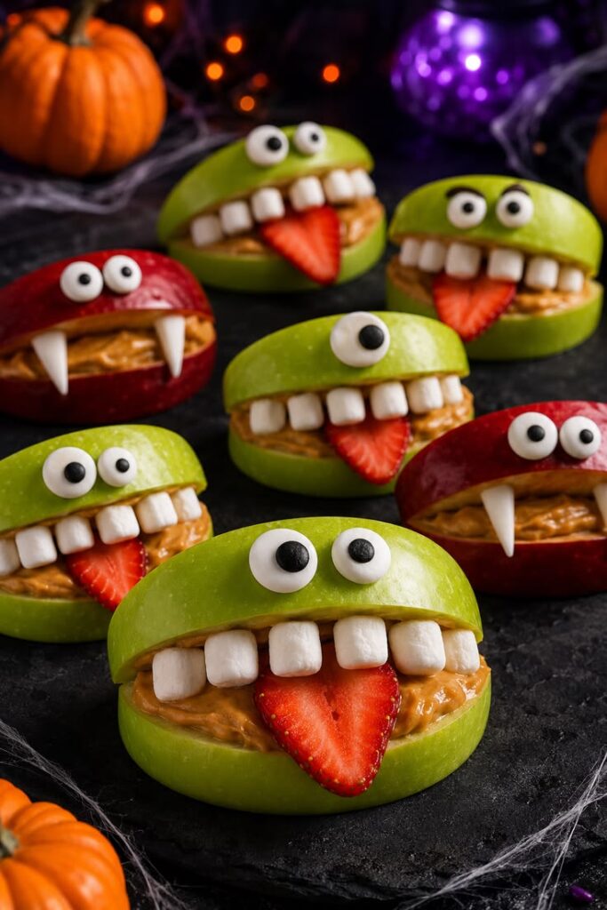 Monster-apple-mouths-made-of-green-and-red-apple-slices,-peanut-butter-and-mini-marshmallow-teeth-for-easy-halloween-snacks-for-kids