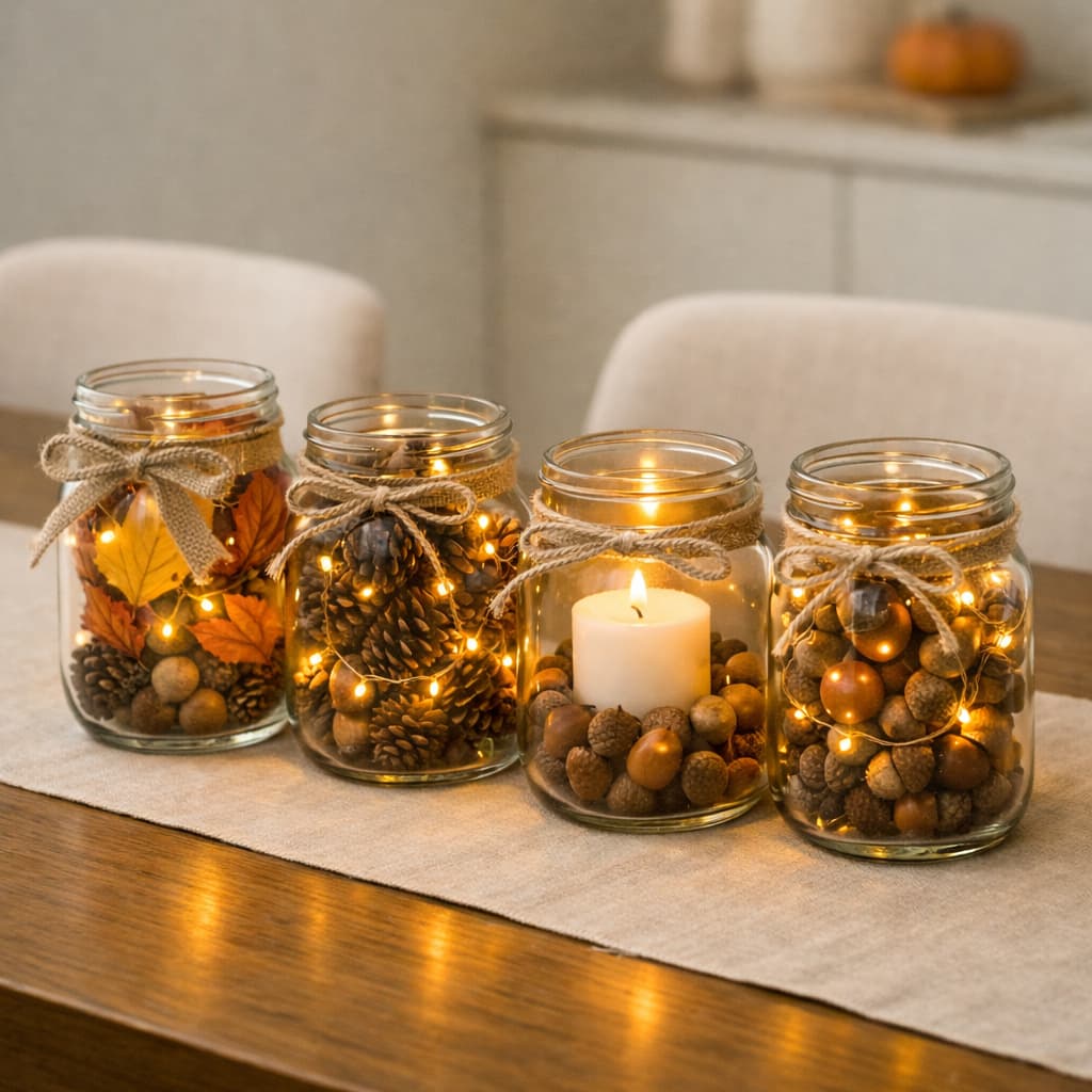 cozy-fall-mason-jar-centerpiece-with-fairy-lights-pinecones-and-acorns-on-table-runner