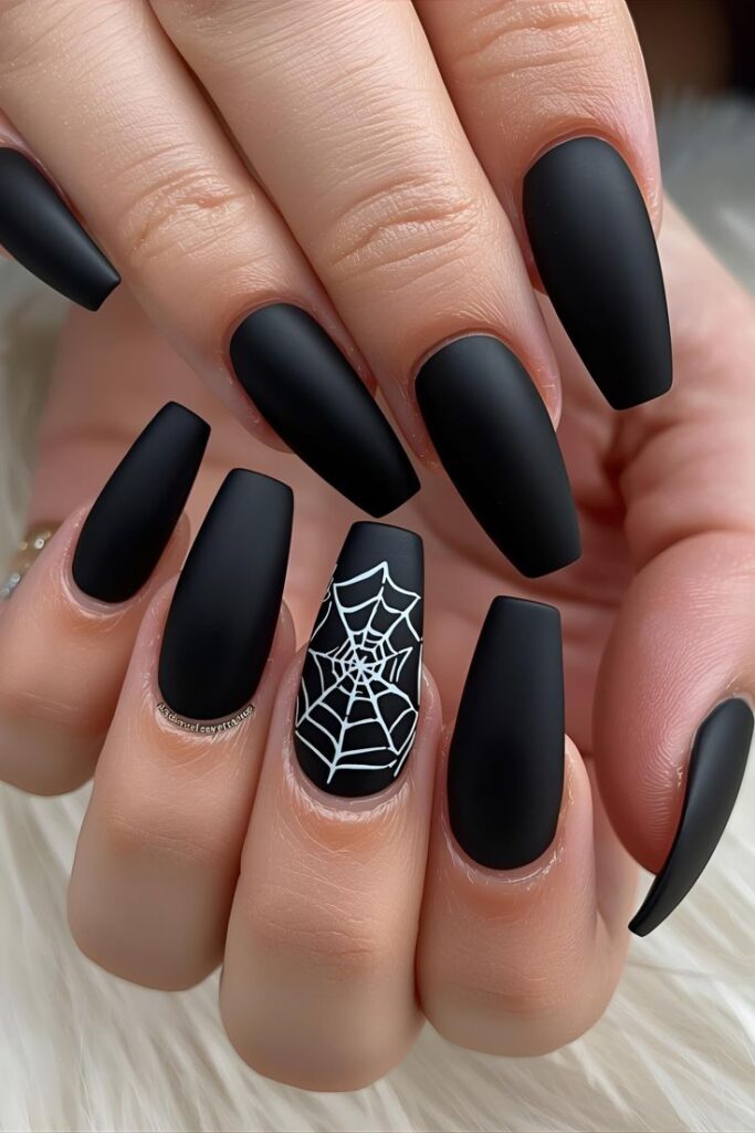 matte-black-coffin-nails-with-white-spider-web-accent-nail-halloween-manicure
