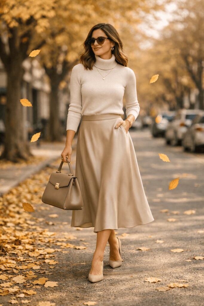 woman-in-cream-turtleneck-and-beige-flowing-midi-skirt-with-taupe-pumps