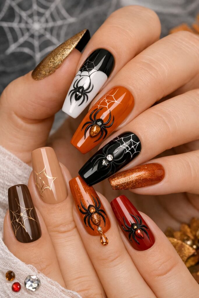 Mixed-color-designs-featuring-a-vibrant-fall-palette-of-burnt-orange,-deep-red,-brown,-nude,-and-glitter-accent-nails,-detailed-with-fine-cobwebs