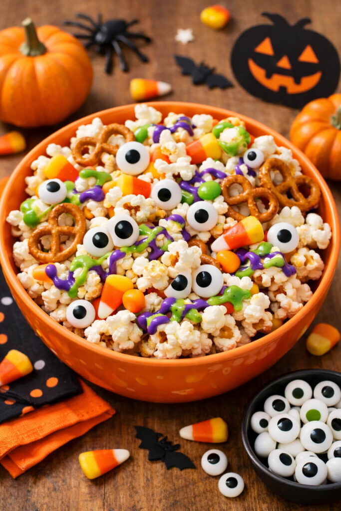 Halloween-monster-popcorn-mix-with-pretzels-candy-corn-candy-eyes-and-colorful-drizzle-in-an-orange-bowl.