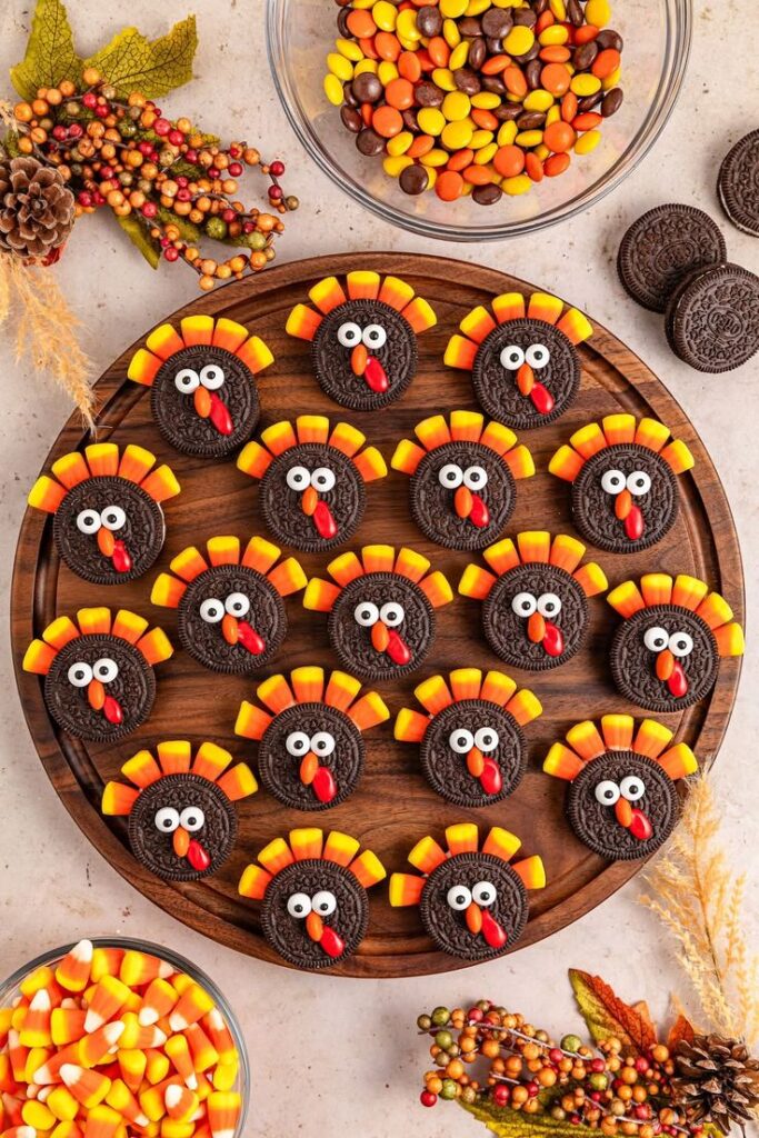 Fun-Thanksgiving-Oreo-turkey-cookies-decorated-with-candy-corn-and-icing