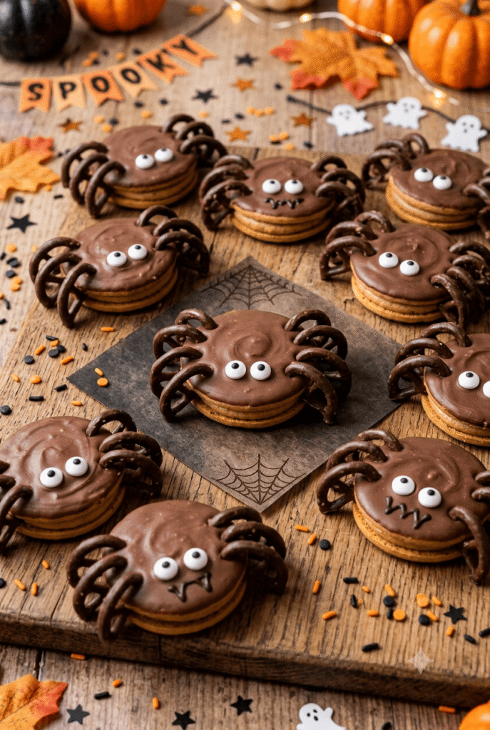 Halloween-pretzel-spider-cookies-with-chocolate-coating-and-candy-eyes-on-a-wooden-serving-board-for-easy-halloween-snacks-for-kids