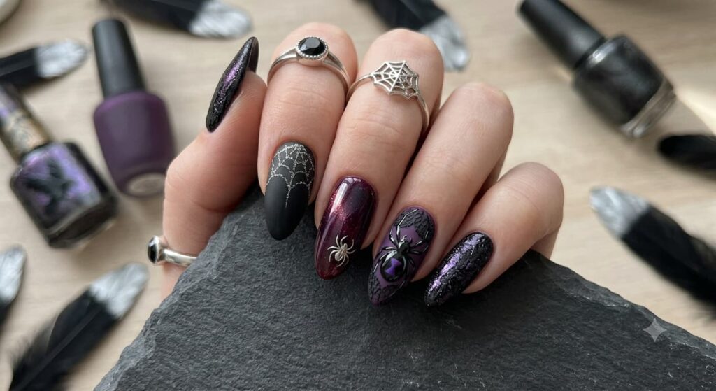 Gothic-black-design-nails-showcase-a-dark-plum-and-black-palette,-matte-finish-webs,-metallic-spider-accents,-lace-details,-and-a-3D-widow-motif.