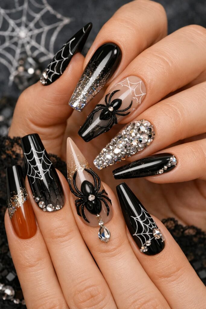 Glamorous-acrylic-black-spider-nails-featuring-mixed-stiletto-and-coffin-shapes,-glitter-gradients,-full-rhinestone-accent-nails,-white-webs,-and-3D-spiders.