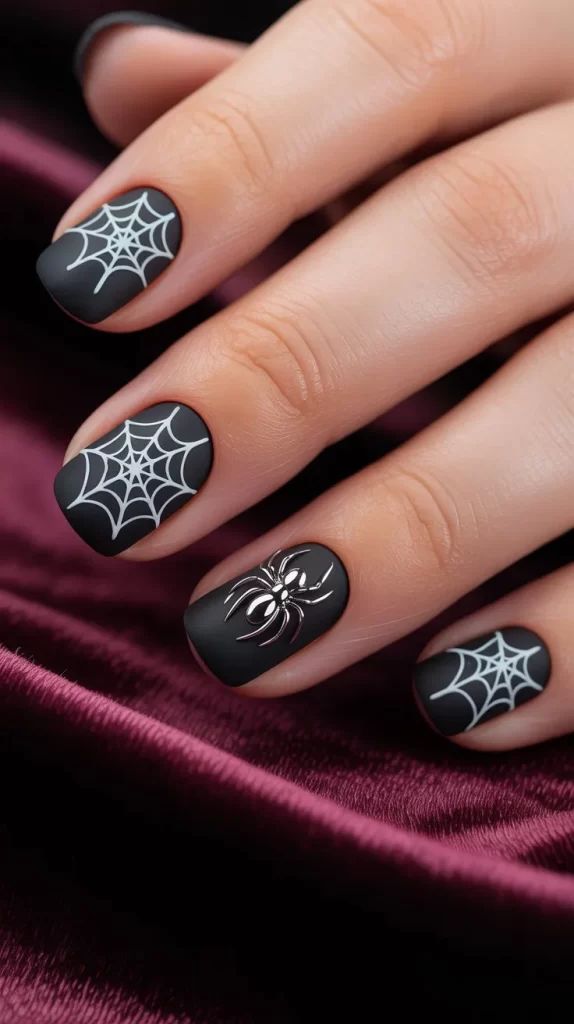Short-square-matte-spider-nails-painted-in-solid-black-with-clean-white-spiderweb-patterns-and-a-3D-metallic-silver-spider-accent.
