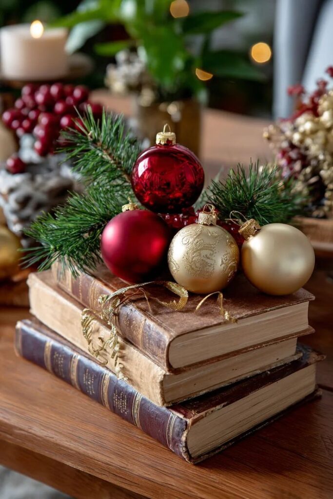 stacked-vintage-books-adorned-with-red-and-gold-christmas-ornaments