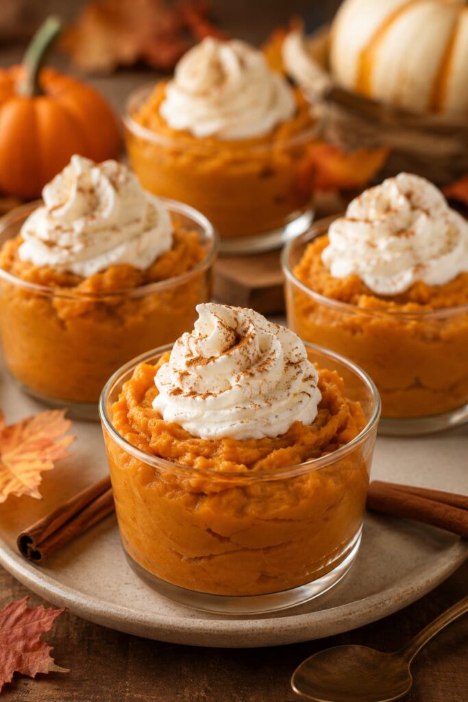 Easy-Thanksgiving-desserts-ideas-sweet-potato-mousse-cups-topped-with-whipped-cream-and-cinnamon