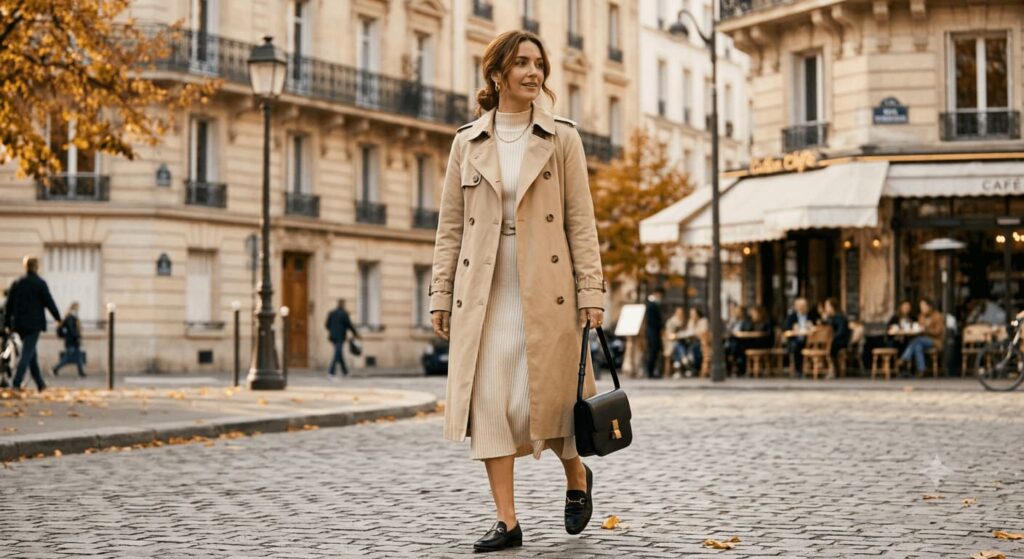 woman-wearing-classic-beige-trench-coat-over-cream-knit-midi-dress