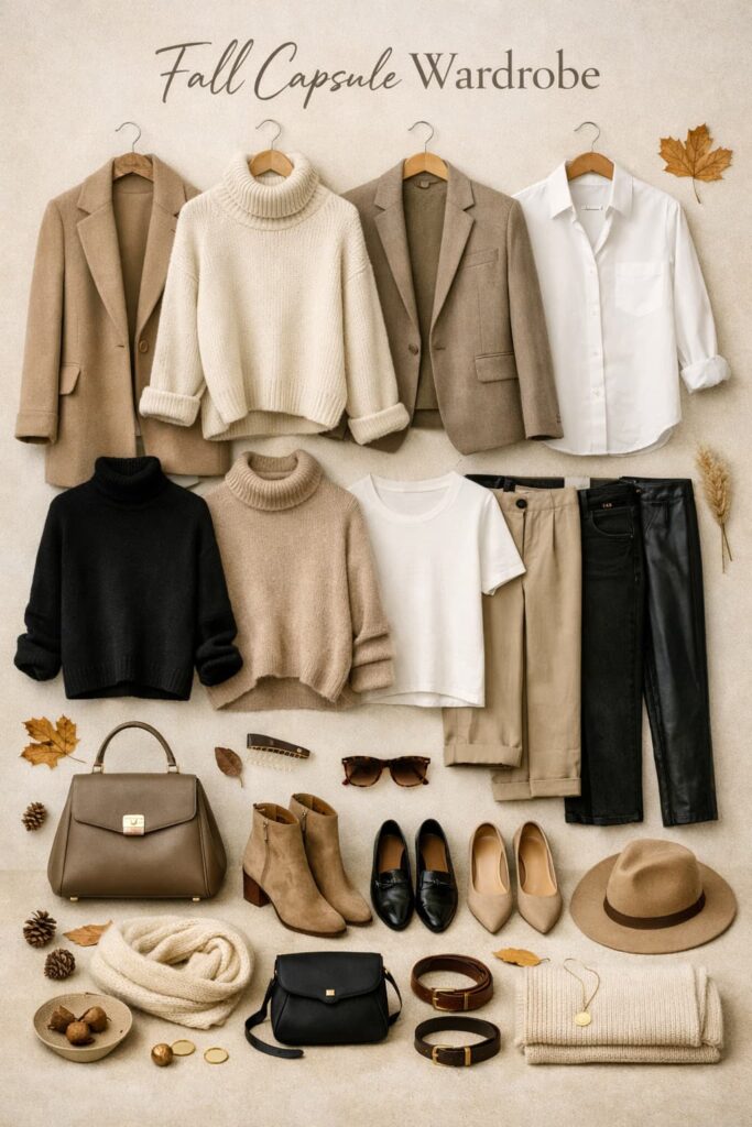 Fall-capsule-wardrobe-flat-lay-with-sweaters-boots-and-jackets-for-simple-fall-outfit-ideas