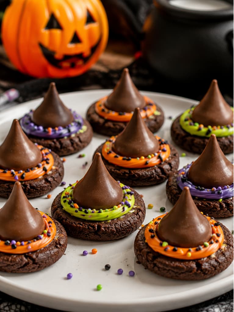witch-hat-cookies-with-chocolate-kisses-orange-green-and-purple-frosting-and-sprinkles-on-a-white-plate-for-halloween