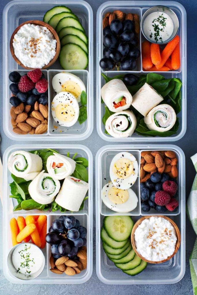 balanced-lunch-meal-prep-for school-with-eggs-wraps-and-fresh-fruit