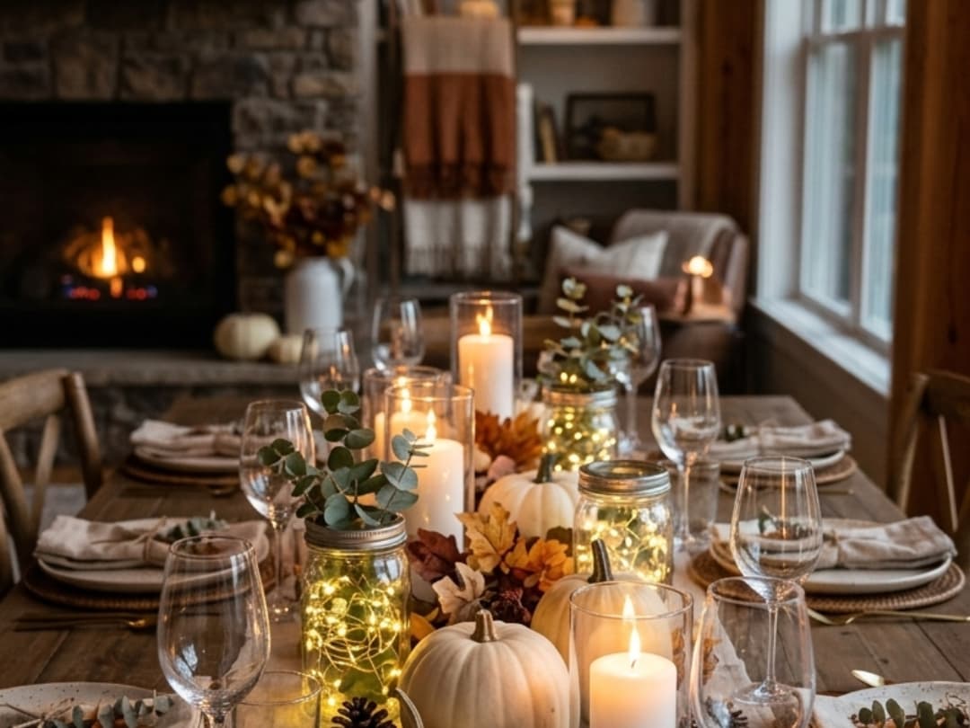 featured-image-of-fall-table-centerpiece-ideas-featuring-a-table-with-candles-plates- with-faux-leaves-layered-on-the-table-ready-for-celebration