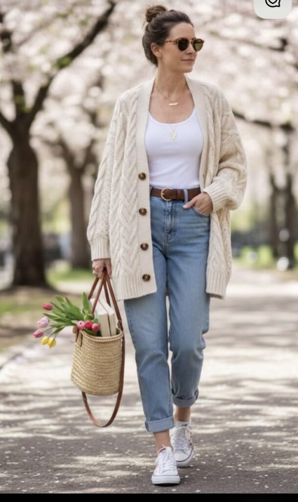 : woman-in-oversized-cable-knit-cardigan-white-tank-and-light-wash-jeans