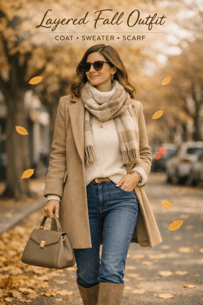 Woman-wearing-camel-coat-plaid-scarf-and-knee-high-boots-layered-fall-outfit-ideas