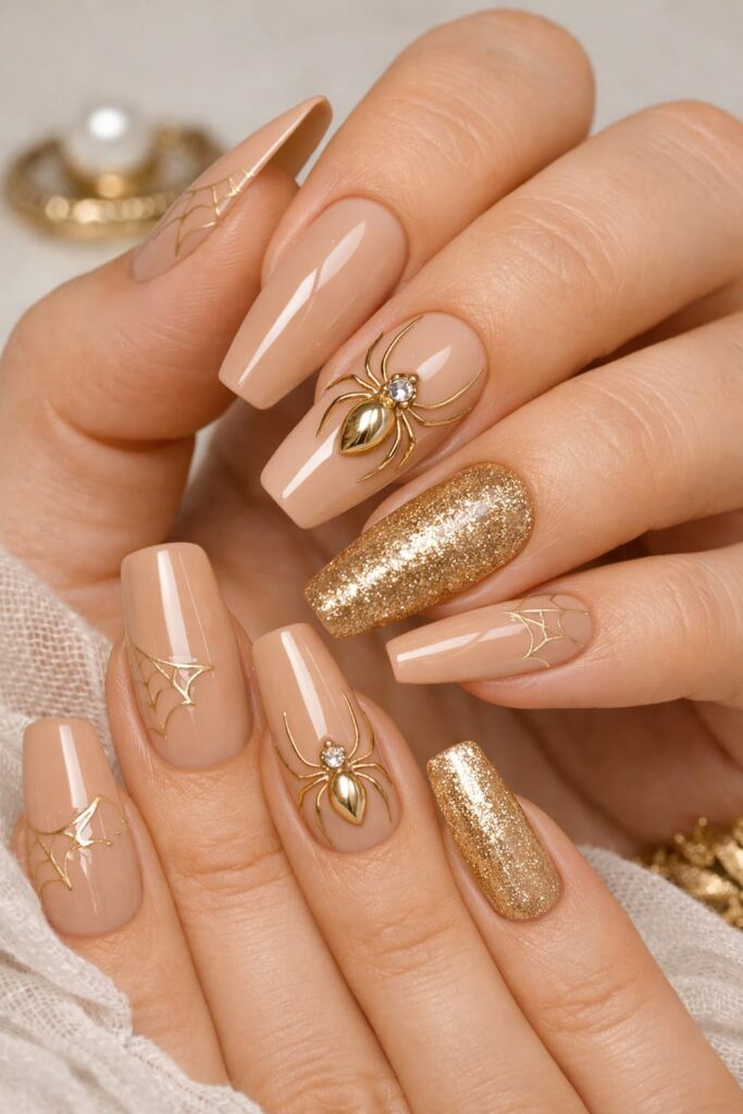 Elegant-nude-black-design -nails-with-metallic-gold-spider-web-art,-full-gold-glitter-accent-nails,-and-polished-3D-gold-spider-charms-centered-with-crystals.