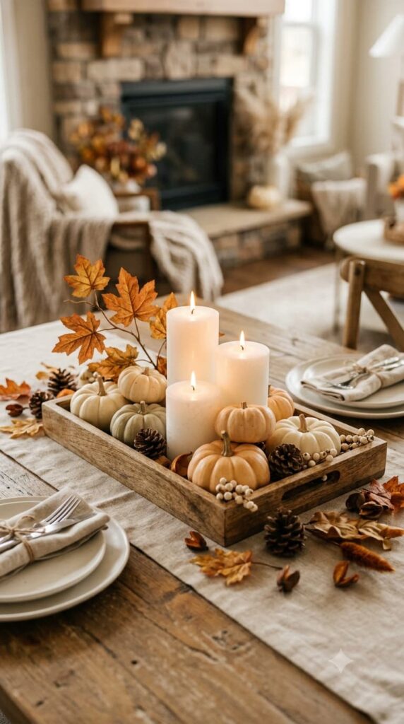 A-simple-pumpkin-and-candle-centerpiece-featuring-multiple-mini-pumpkins-arranged-around-several-white-pillar-candles-in-a-rustic-wooden-tray-on-a-dining-table.-Scattered-autumn-leaves-complete-the-seasonal-display.