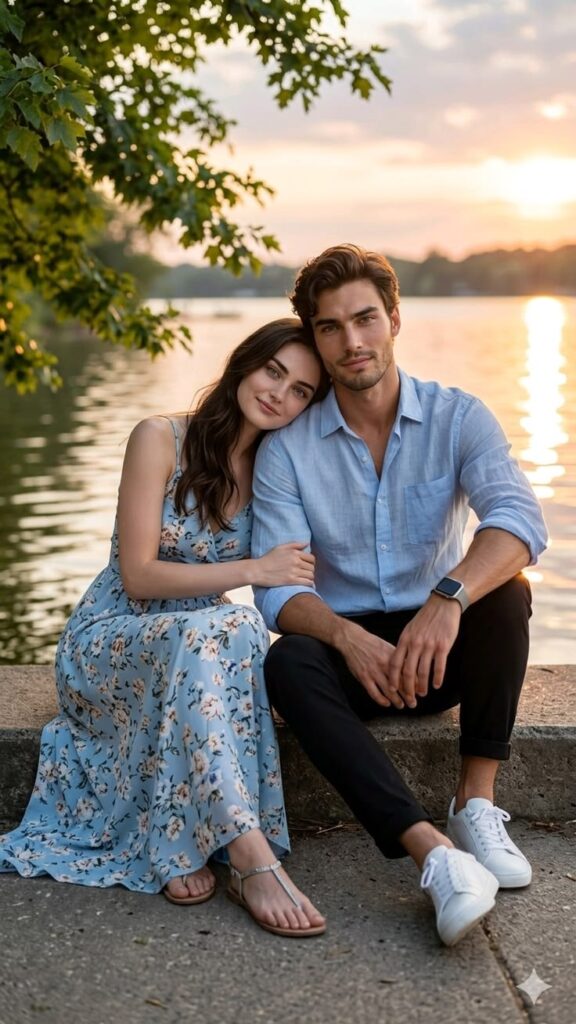 relaxed-couple-cuddling-by-water-during-outdoor-engagement-session