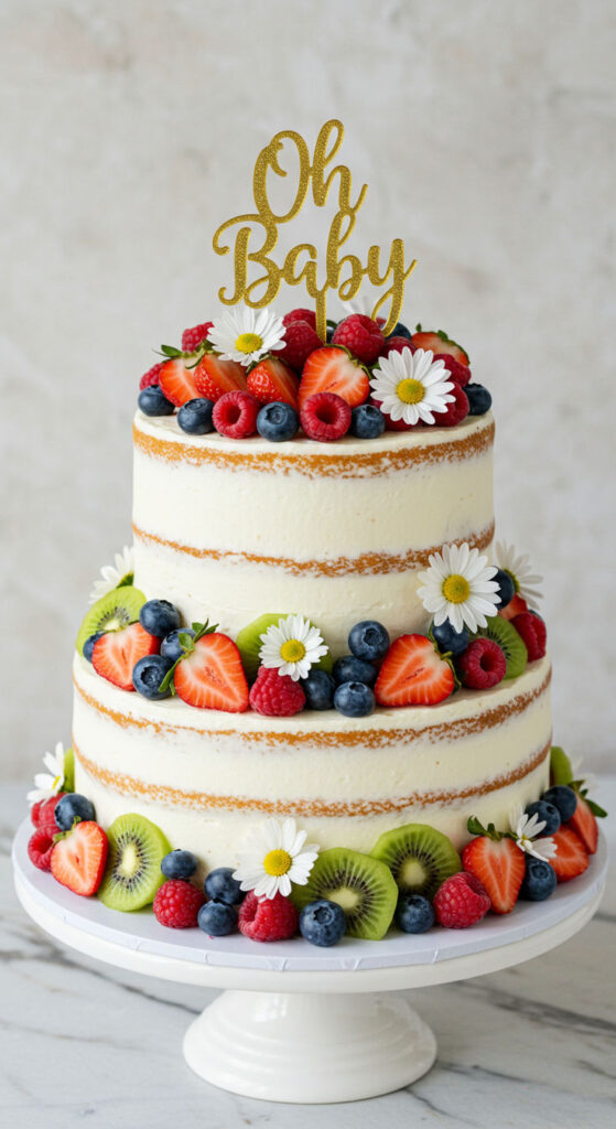 naked-cake-decorated-with-fresh-berries-and-oh-baby-topper-Baby-Shower-Food-Ideas