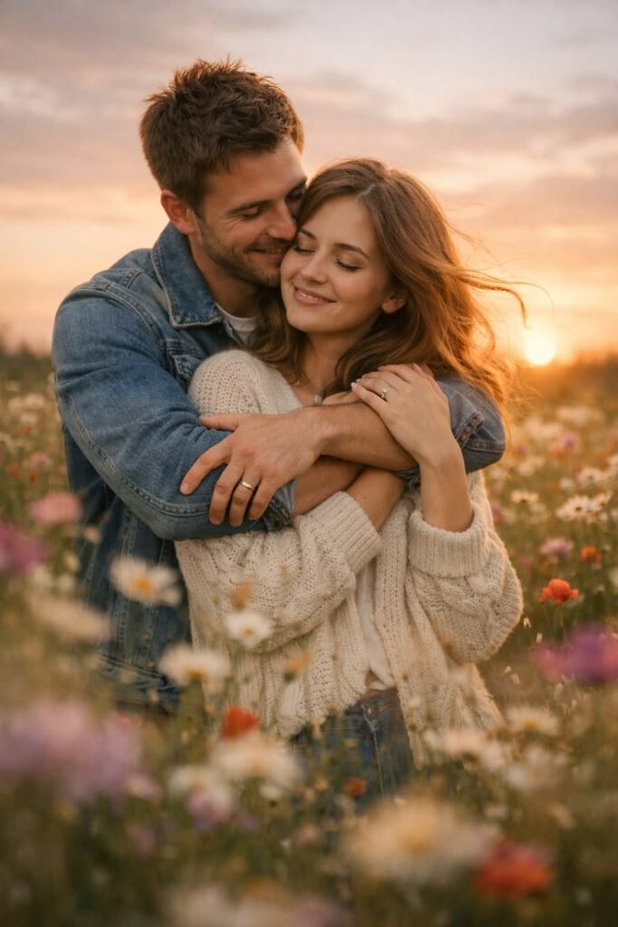 couple-embracing-in-flower-field-for-sunset-engagement-photoshoot