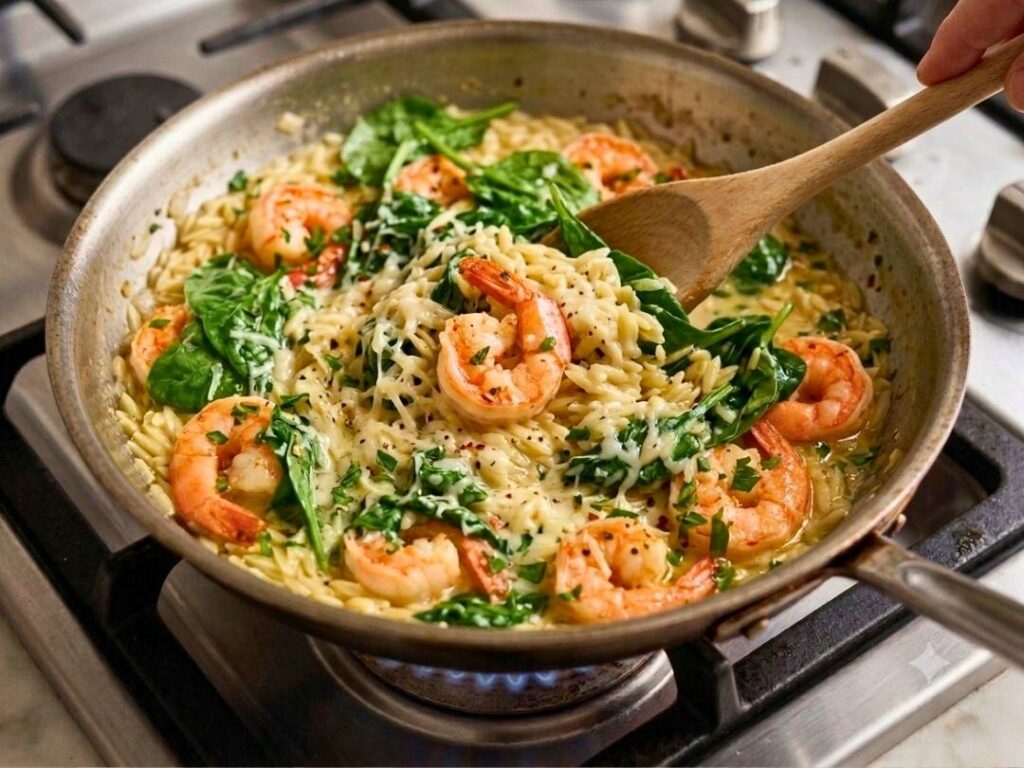 one-pan-skillet-lemon-garlic-shrimp-orzo-spinach-cooking-process-wooden-spoon