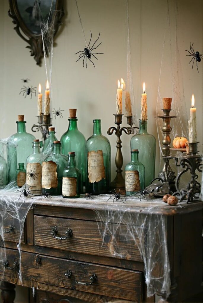 vintage-spooky-apothecary-setup-with-green-glass-bottles-distressed-labels-dripping-taper-candles-and-creepy-cobwebs-for-indoor-Halloween-decor-ideas