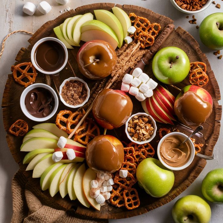 caramel-apple-dessert-charcuterie-board-with-pretzels-and-marshmallows