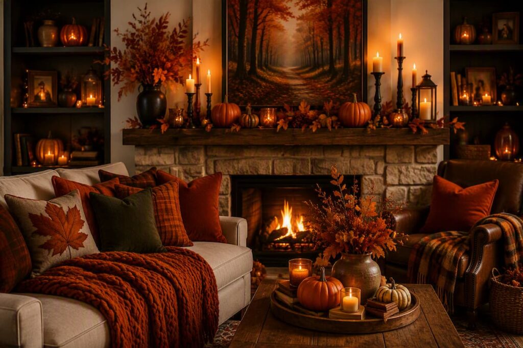 warm-living-room-setup-featuring-a-chunky-orange-knit-throw-blanket-autumn-leaf-pillows-and-a-pumpkin-filled-mantel-for-indoor-Halloween-decor-ideas