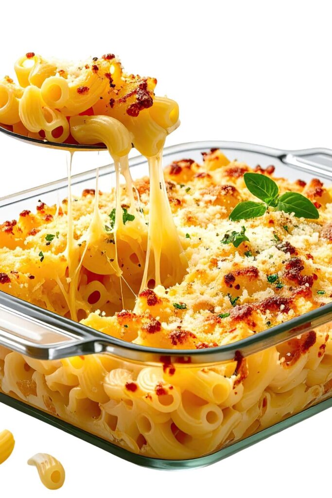 baked-macaroni-and-cheese-casserole-with-a-crispy-breadcrumbs-topping-and-gooey-cheese-pull-easy-thanksgiving-potluck-ideas