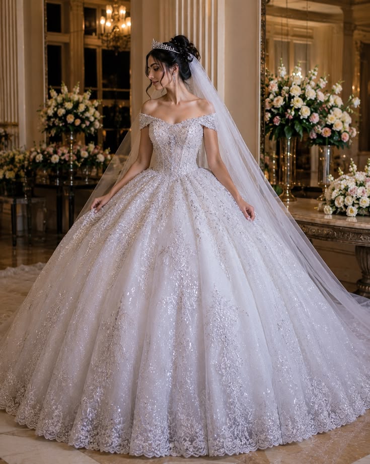 off-the-shoulder-embellished-lace-ball-gown-wedding-dress-with-tiara-and-veil