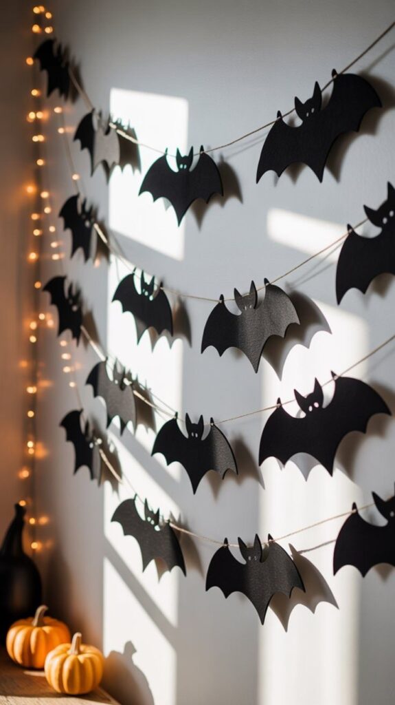 black-bat-cutout-garland-strung-on-wall-with-twinkle-lights-and-mini-pumpkins-for-halloween-garlands-ideas