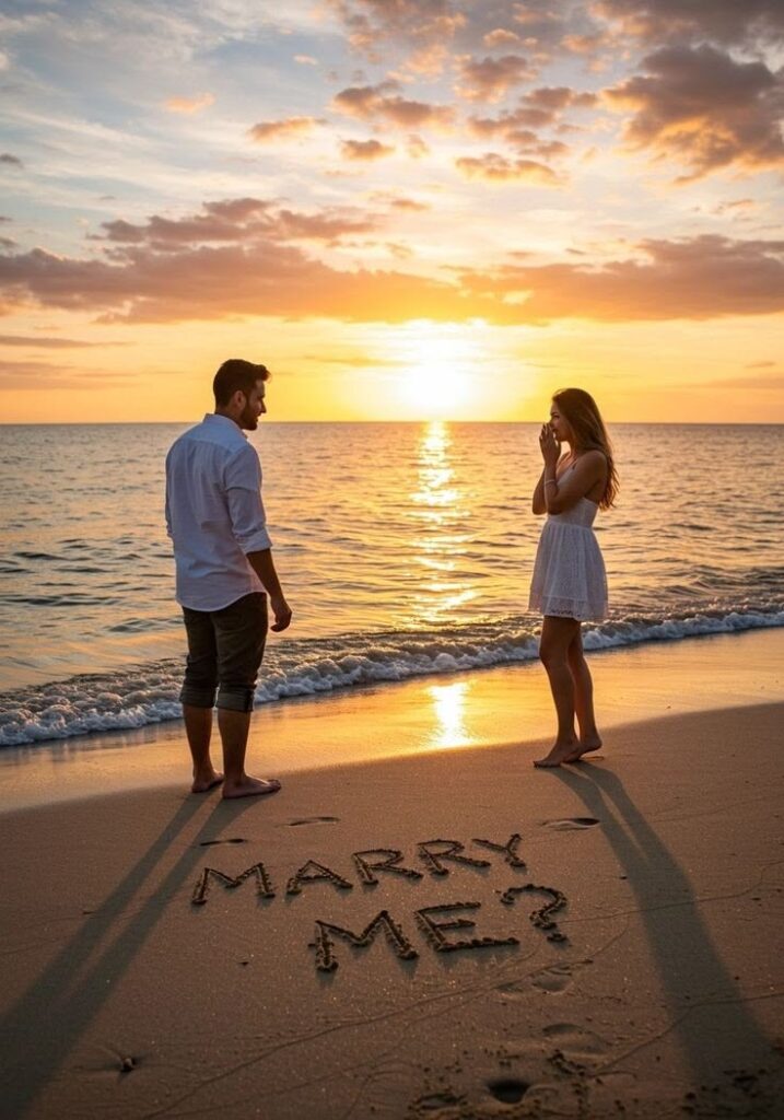 sunset-beach-marriage-proposal-with-marry-me-written-in-sand-and-couple-for-romantic-proposal-ideas