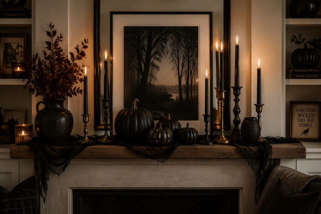 dark-gothic-fireplace-mantel-adorned-with-tall-black-taper-candles-black-pumpkins-and-draped-black-gause-fabric