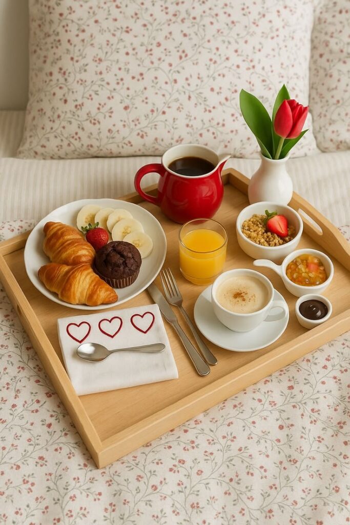 A-wooden-bed-tray-holding-breakfast-for-two:-croissants,-muffins,-fruit,-coffee,-juice,-and-granola-on-floral-bedding.