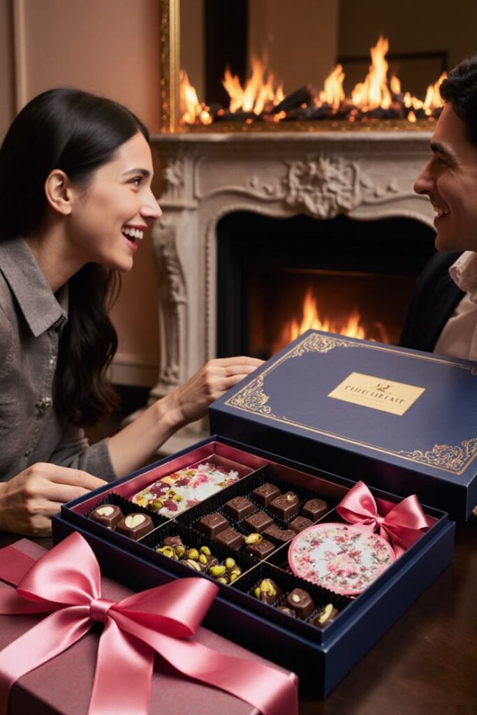 A-smiling-woman-and-man-sitting-by-a-fireplace-as-she-opens-an-elegant-blue-gift-box-filled-with-gourmet-chocolates.