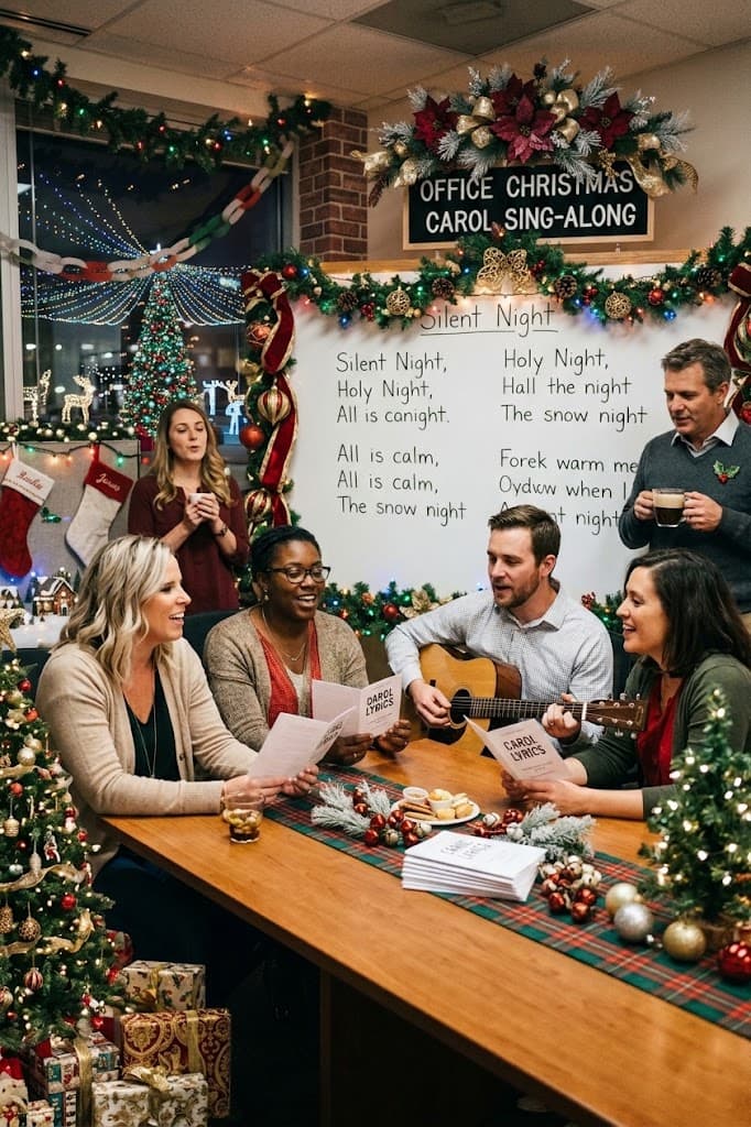 Coworkers-gathered-around-an-office-conference-table-singing-carols-together-with-an-acoustic-guitar,-carol-books,-and-a-whiteboard-showing-"Silent-Night"-lyrics.