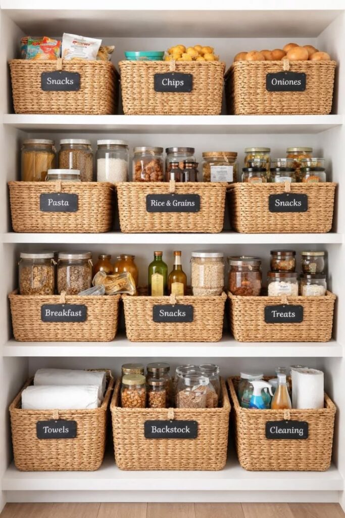 organized-pantry-with-labeled-baskets-for-snacks-rice-and-grains