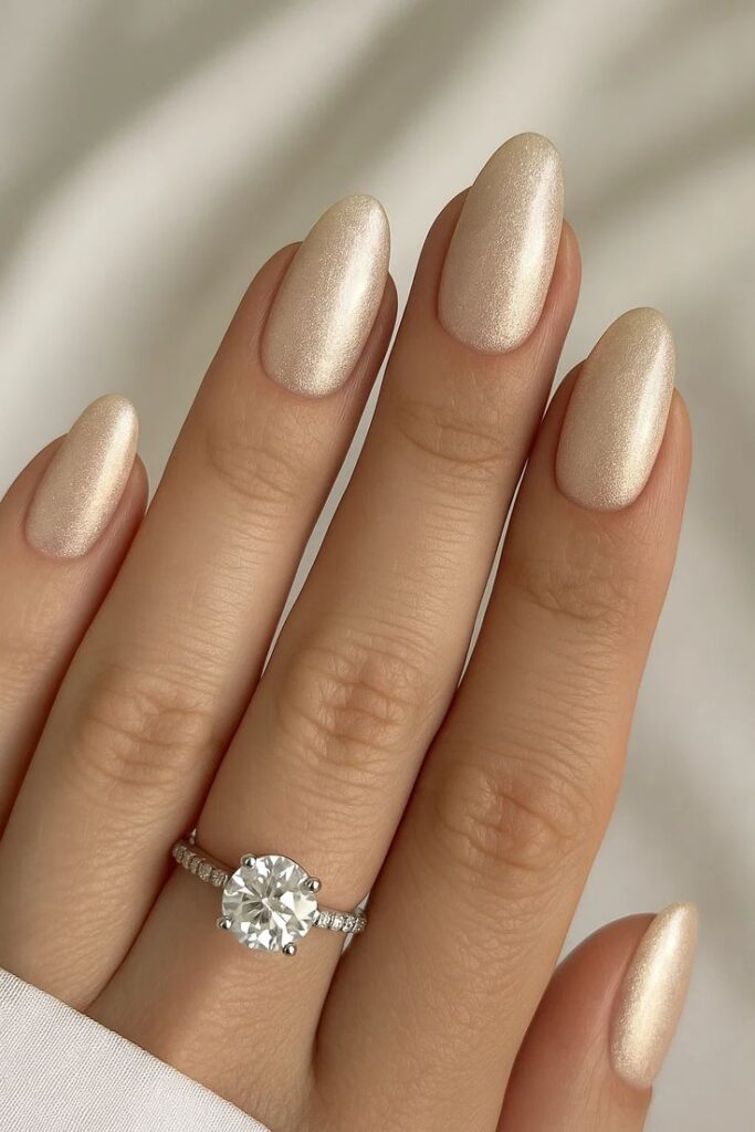 champagne-gold-shimmer-almond-bridal-nails-with-diamond-ring