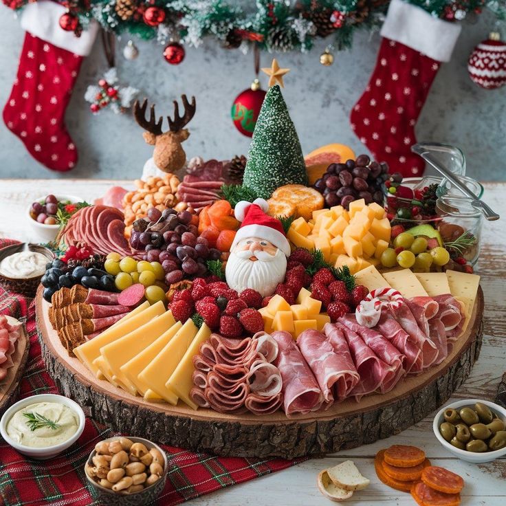 holiday-charcuterie-board-with-cured-meats-cheeses-fruit-and-santa-decor