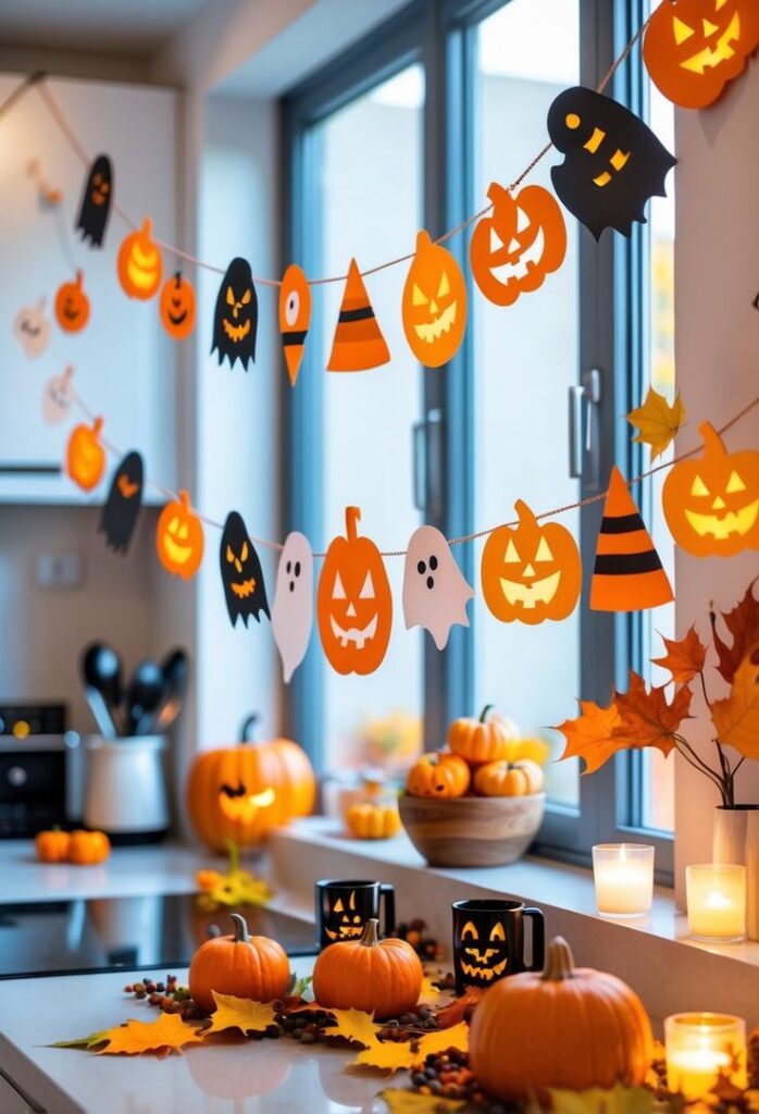 orange-pumpkin-black-bat-and-ghost-paper-garland-draped-across-kitchen-window-for-halloween-garlands-ideas