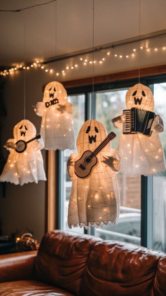 illuminated-hanging-ghost-decorations-made-from-fabric-holding-tiny-musical-instruments-like-a-guitar-and-accordion-for-indoor-Halloween-decor-ideas